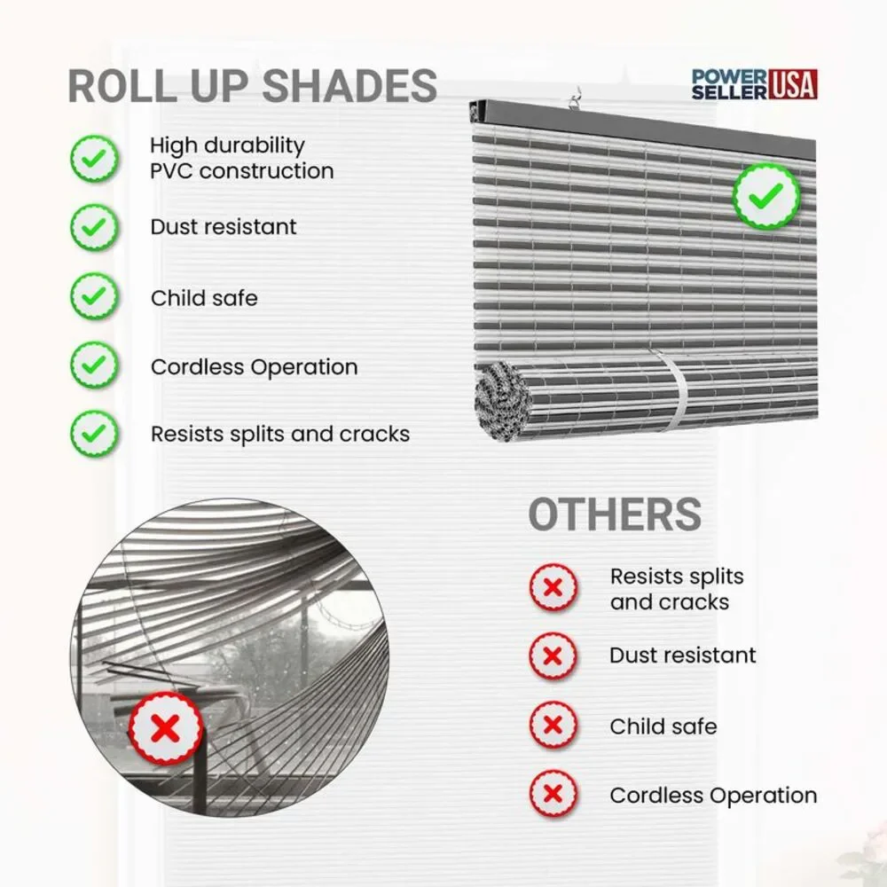 PowerSellerUSA Oval Cordless Blinds, Roll-Up Roller Shades for Windows and